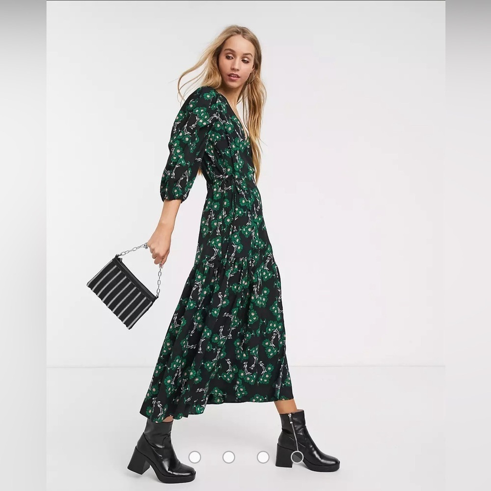 Topshop Tall Twist Front Midi Dress in Green Floral